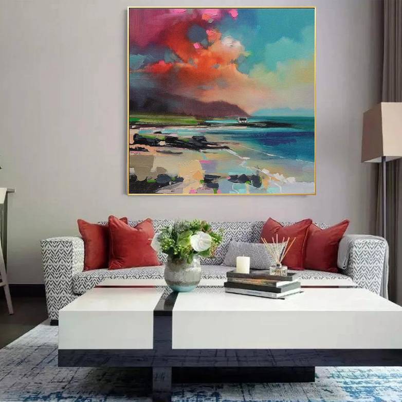 Red Hand-painted Handmade Scenery Contemporary Seascape Abstract K2EN0